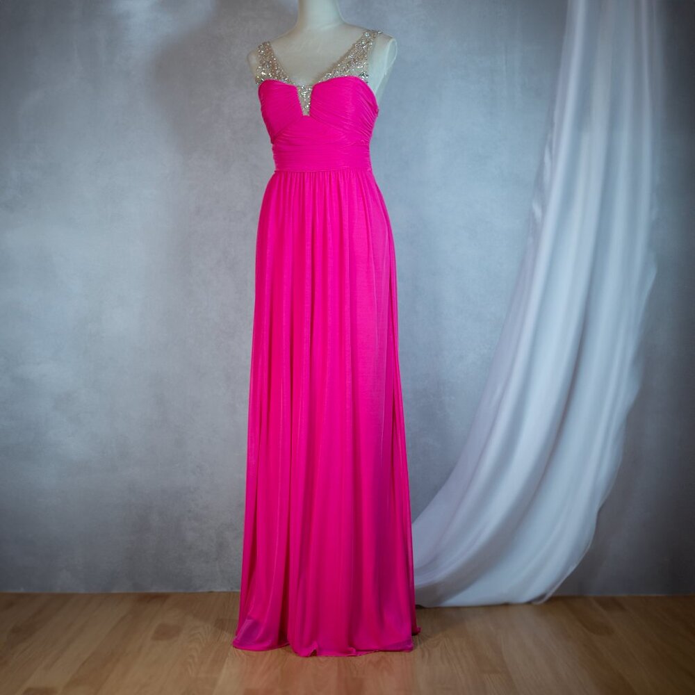 Way-In Prom Formal Maxi Dress Hot Mesh Detailing With Jewels Bright Pink Size 3